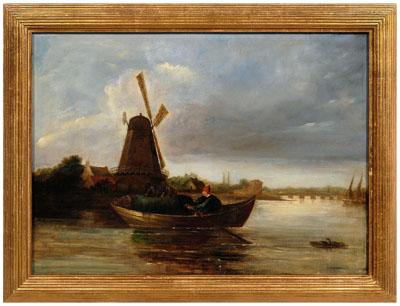 Appraisal: Dutch School painting fisherman in rowboat windmill in background signed