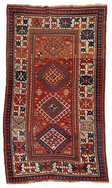 Appraisal: Kazak Rug late th century four central serrated diamond shaped