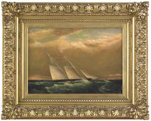 Appraisal: Oil on canvas nautical scene with racing sloop x