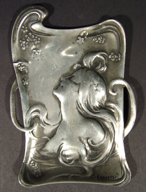 Appraisal: Art Nouveau French pewter dish cast with a maidens head