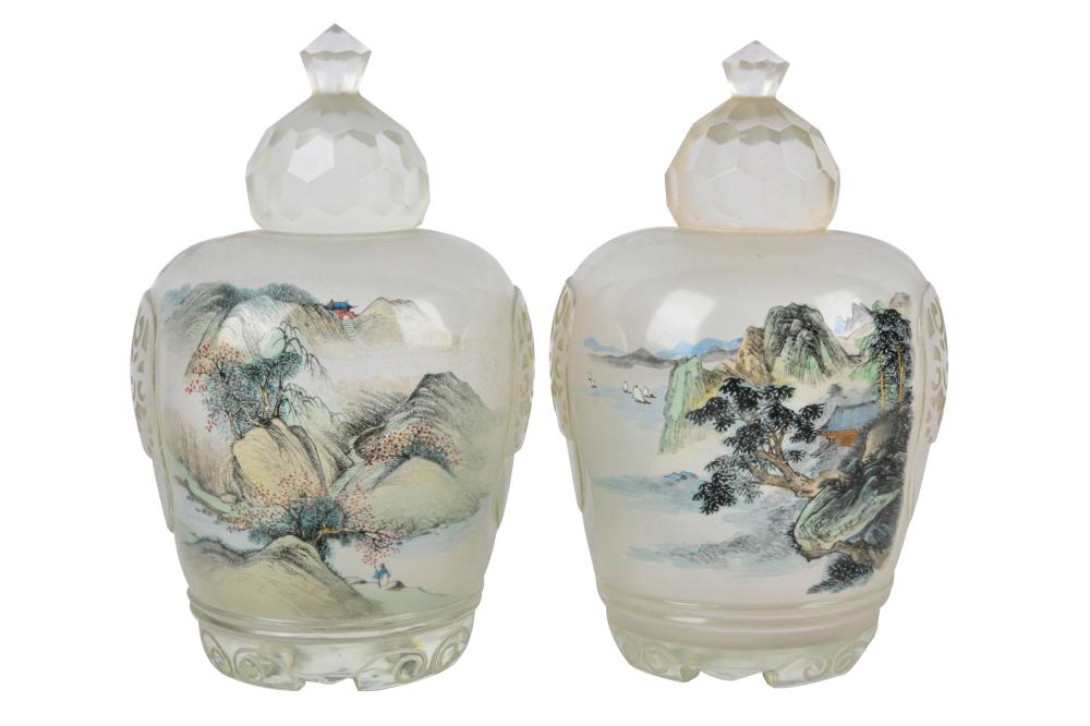 Appraisal: PAIR OF CHINESE PEKING GLASS LANDSCAPE JARSeach on a spiral