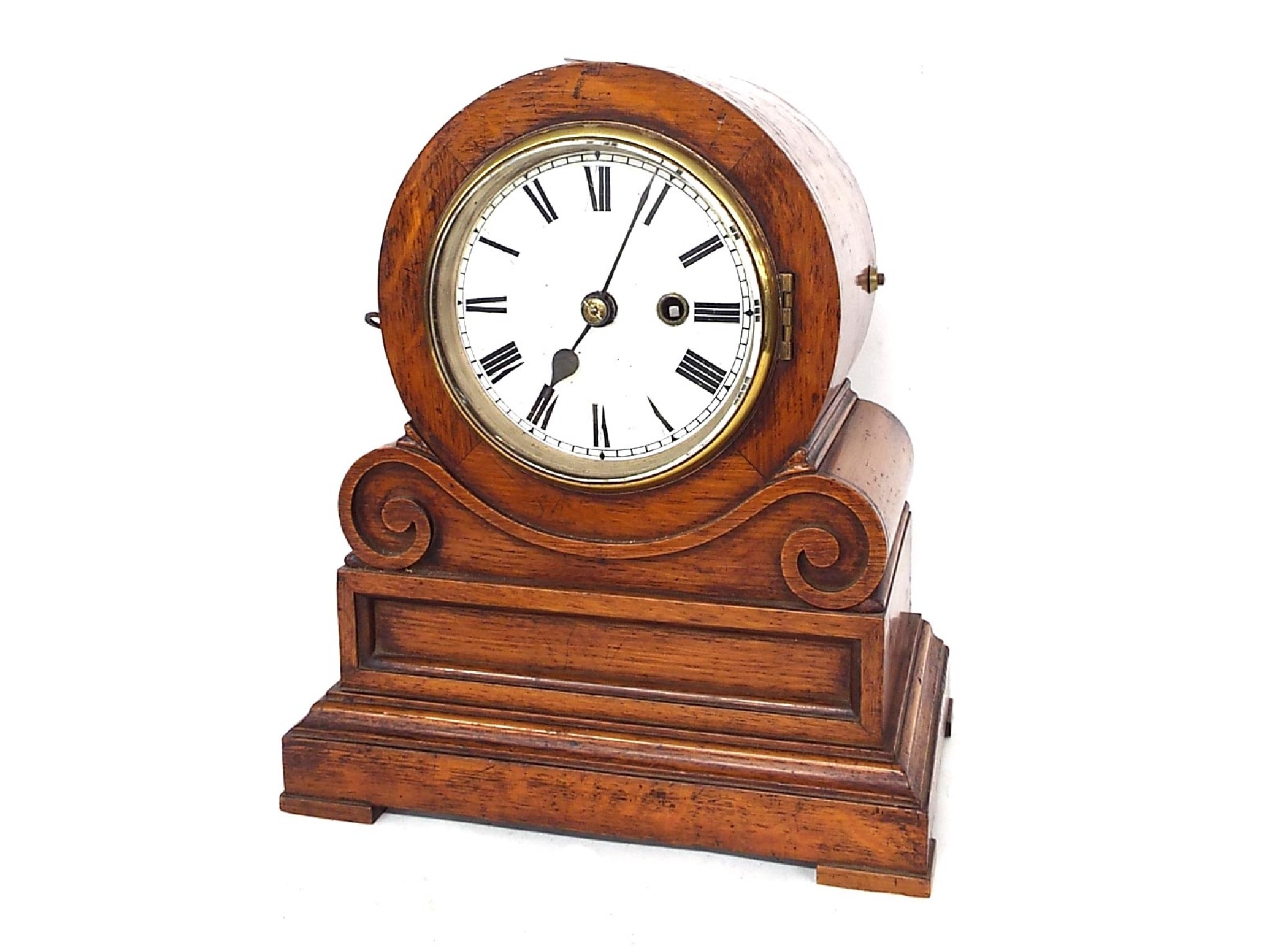 Appraisal: English oak single fusee drumhead mantel clock the white dial