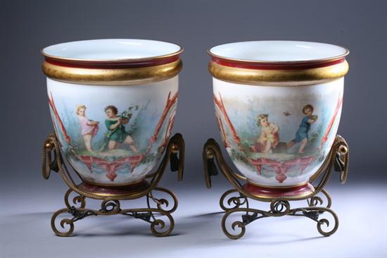 Appraisal: PAIR FRENCH HAND-PAINTED MILK GLASS JARDINI RES Early th century