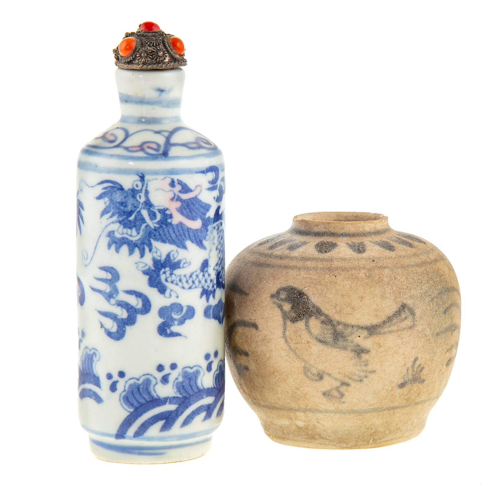 Appraisal: CHINESE PORCELAIN SNUFF BOTTLE JARLET Blue and white dragon decorated