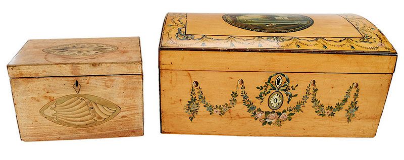 Appraisal: Painted Letter Box and Inlaid Tea Caddy British th century