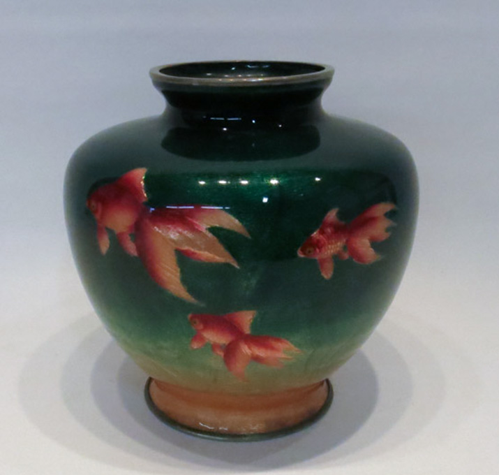 Appraisal: JAPANESE CLOISONNE VASE having high shoulders and tapering base swimming