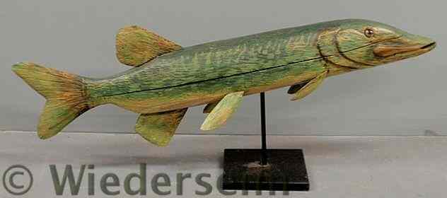 Appraisal: Large carved wood pickerel with glass eyes and green paint