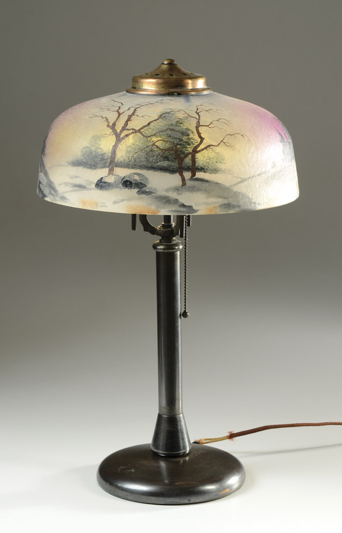 Appraisal: AMERICAN TABLE LAMP reverse hand painted domed shade with winter