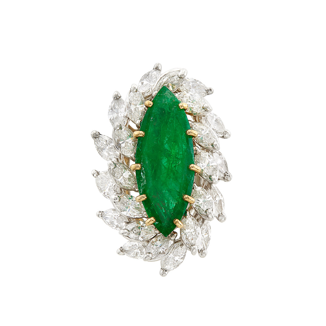 Appraisal: Platinum Gold Emerald and Diamond Ring One marquise-shaped emerald ap