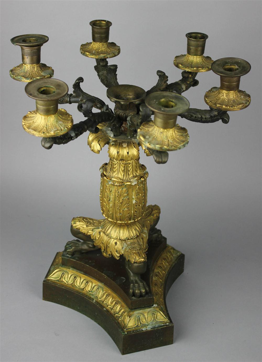 Appraisal: EMPIRE STYLE GILT BRONZE CANDELABRA late th C with six