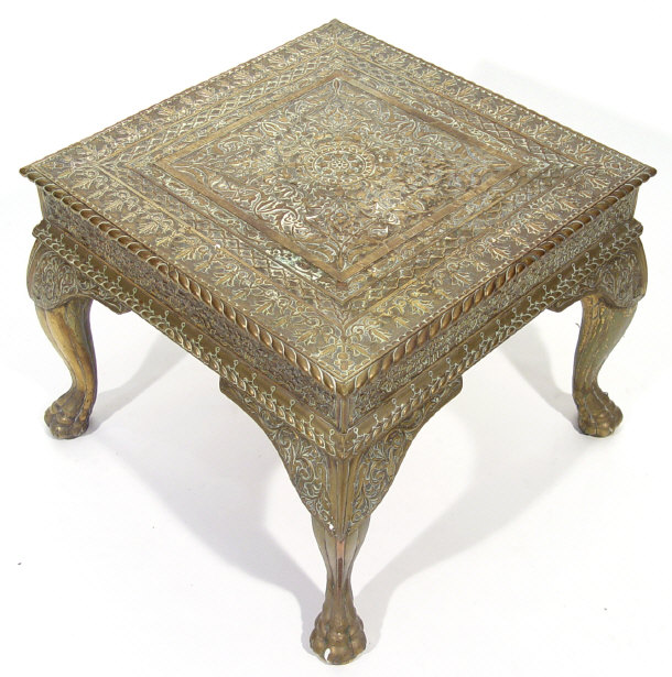 Appraisal: Anglo-Indian brass and hardwood square occasional table profusely embossed with