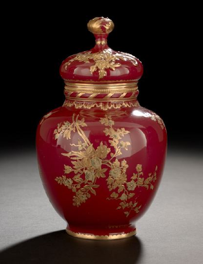 Appraisal: Fine Royal Crown Derby Porcelain Ruby-Ground Covered Vase deux-color gilded