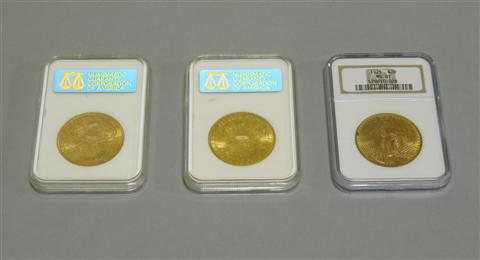 Appraisal: THREE U S TWENTY DOLLAR GOLD COINS Including Philadelphia Liberty