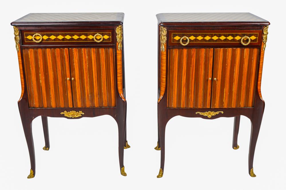 Appraisal: PAIR OF LOUIS XV XVI TRANSITIONAL STYLE NIGHTSTANDSwith gilt mounts