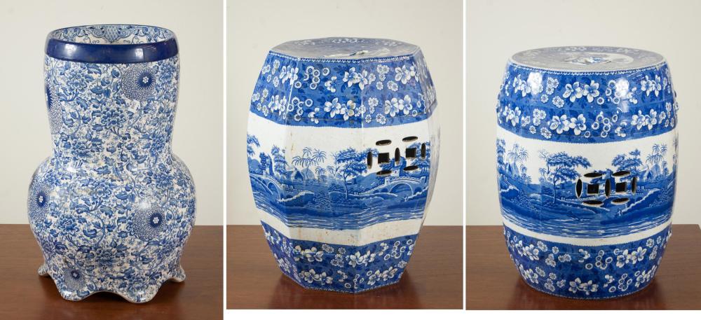 Appraisal: TWO CHINESE-STYLE BLUE AND WHITE PORCELAIN GARDEN STOOLS AND VASE