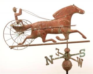 Appraisal: Vintage Copper Horse Drawn Sulky Weathervane With directional high overall