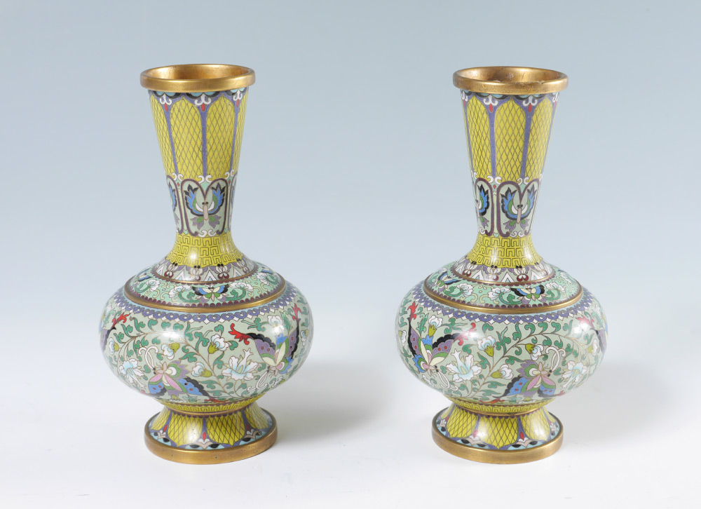 Appraisal: PAIR CHINESE CLOISONNE VASES Diminutive vases with yellow and green