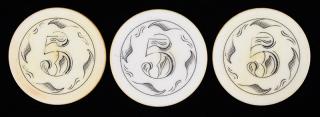 Appraisal: Set of Three Scrimshawed Ivory Poker Chips American ca Near