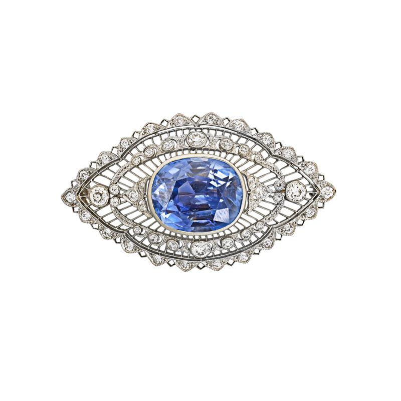 Appraisal: UNTREATED CEYLON SAPPHIRE DIAMOND PLATINUM BROOCH Belle Epoque lozenge shaped