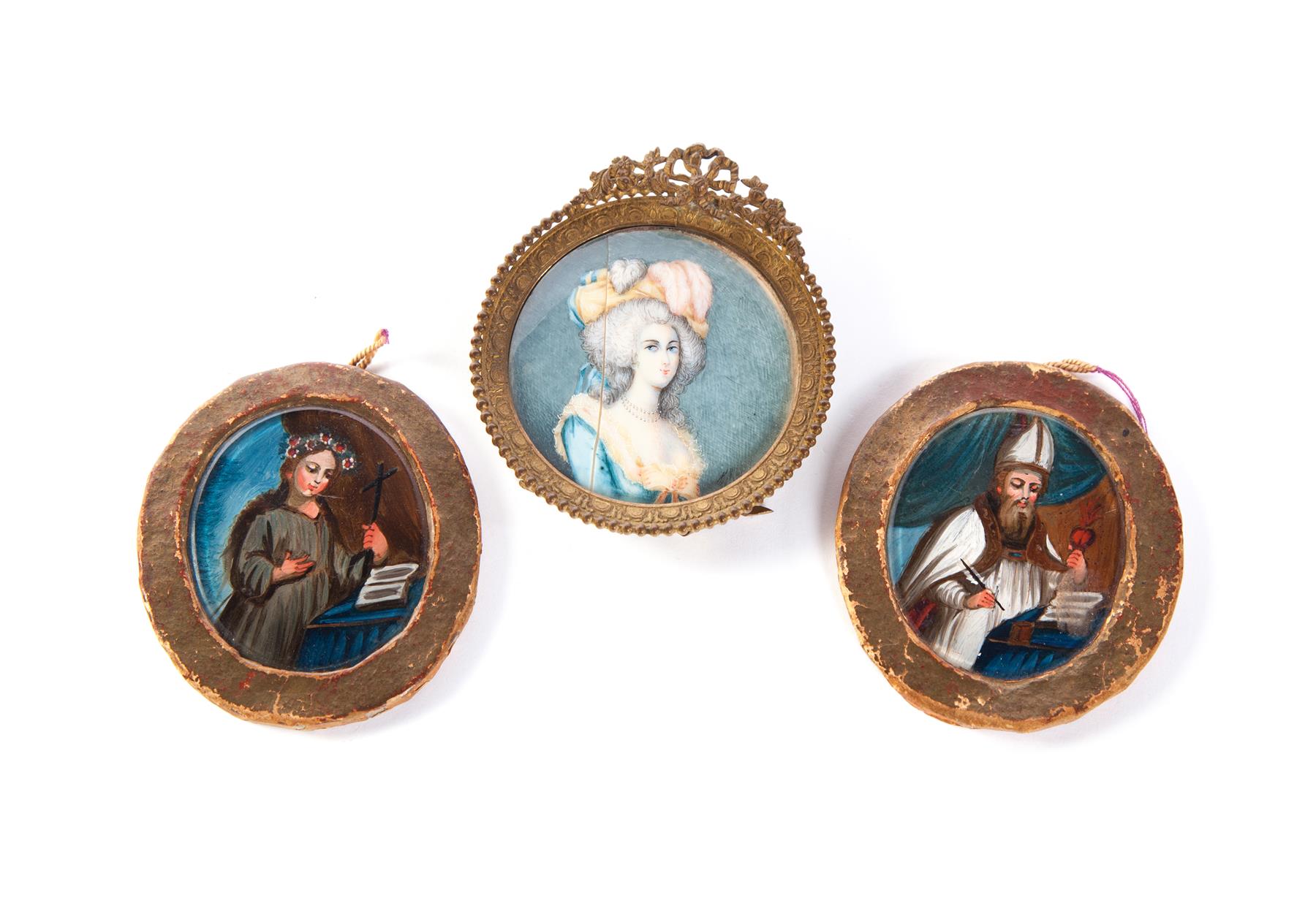 Appraisal: THREE MINIATURE PORTRAITS Continental th century Woman in an ornate