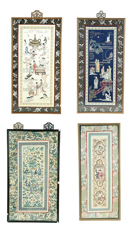 Appraisal: FOUR EMBROIDERED PANELS China th century Silk embroidered panels on