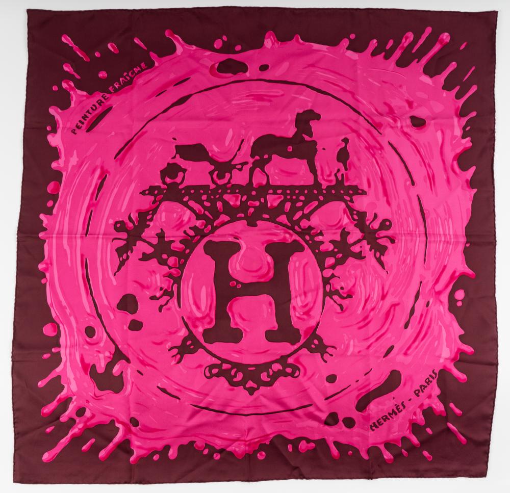 Appraisal: HERMES SILK SCARFPeinture Fraiche hot pink and burgundy x inches