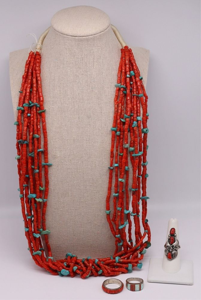 Appraisal: JEWELRY Southwest Coral Jewelry Grouping Includes a vintage multi-strand comprised