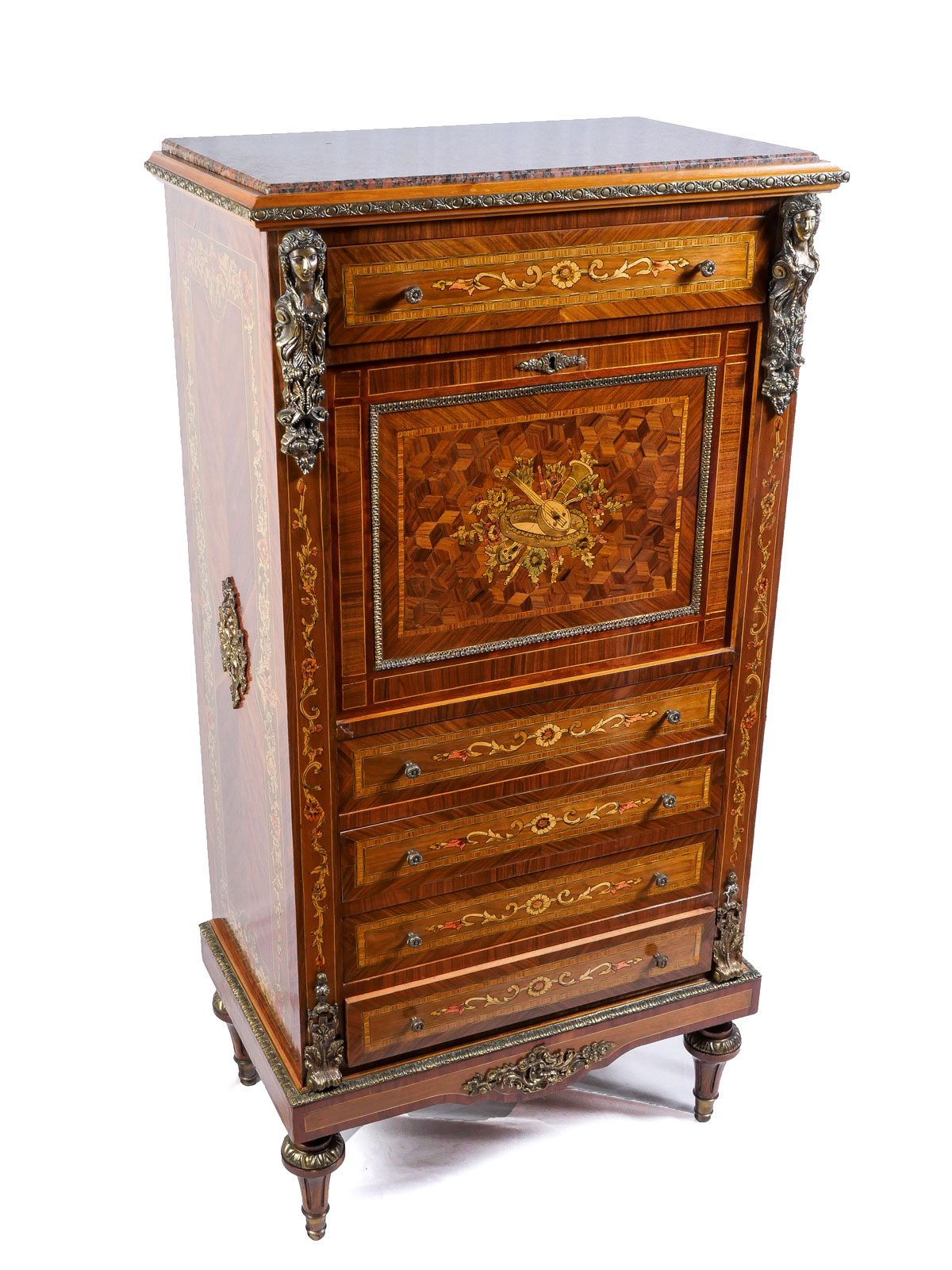 Appraisal: METAL MOUNTED PARQUETRY INLAID ABATTANT SECRETARY Beveled marble top surmounting