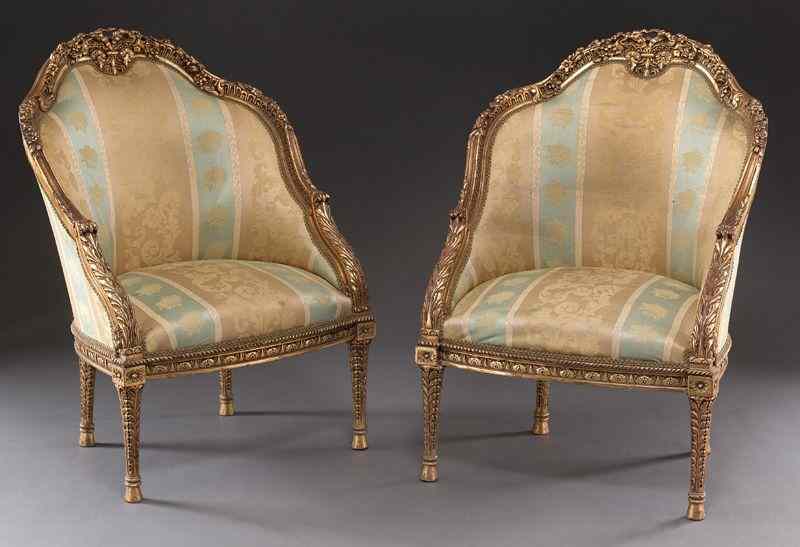 Appraisal: Pr French polychrome and gilt bergeres chairs the shaped frames