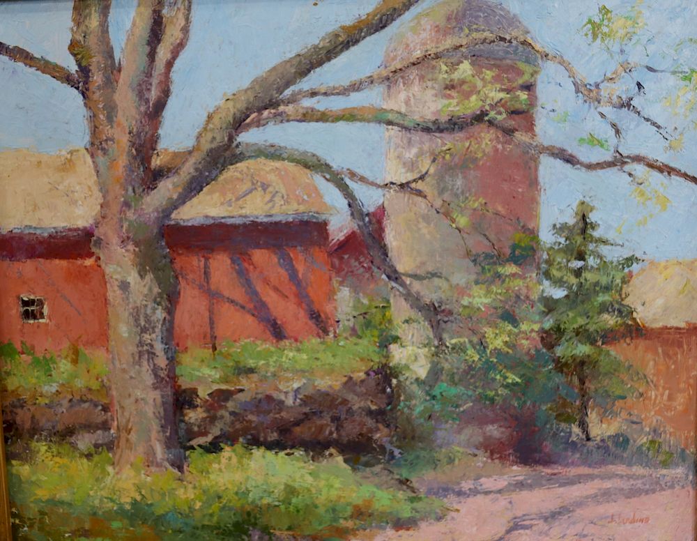 Appraisal: JOAN JARDIN Signed Oil On Masonite Barn Scene Signed lr