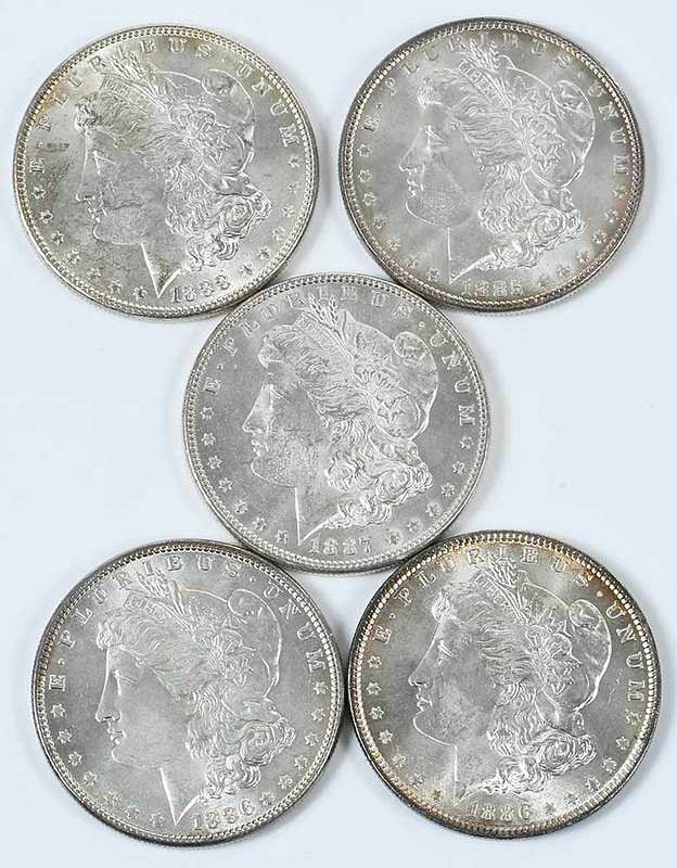 Appraisal: Five Uncirculated Philadelphia Morgan Dollars x Provenance Alex Armstrong Collection