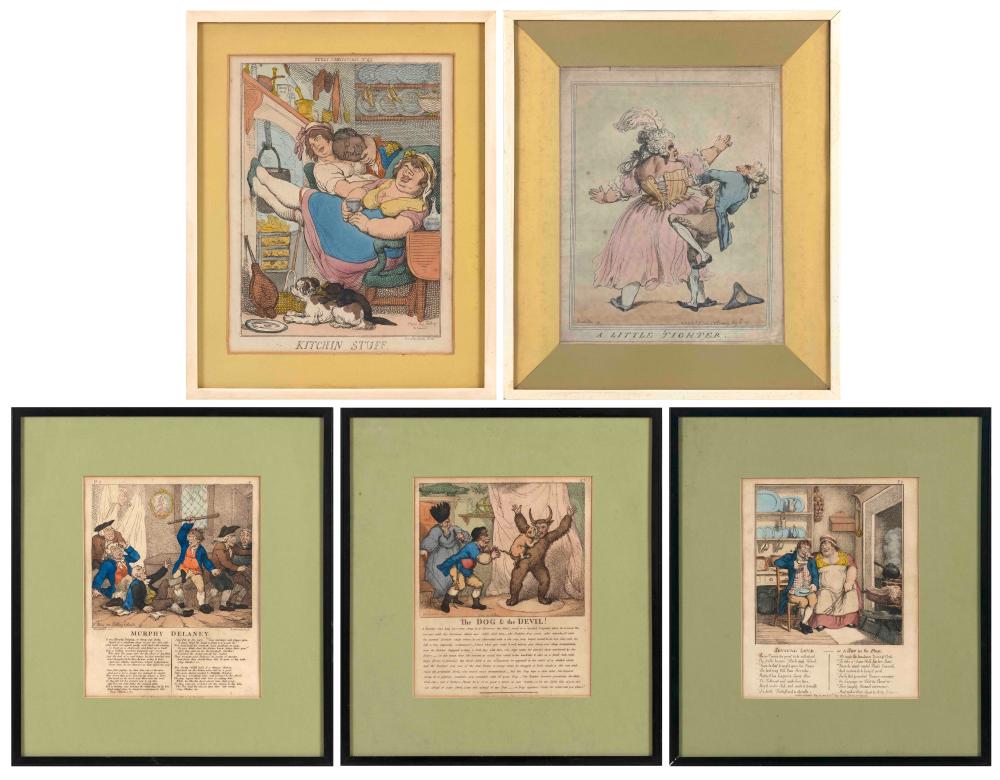 Appraisal: FIVE THOMAS ROWLANDSON HAND-COLORED ETCHINGS EARLY TH CENTURY FOUR APPROX