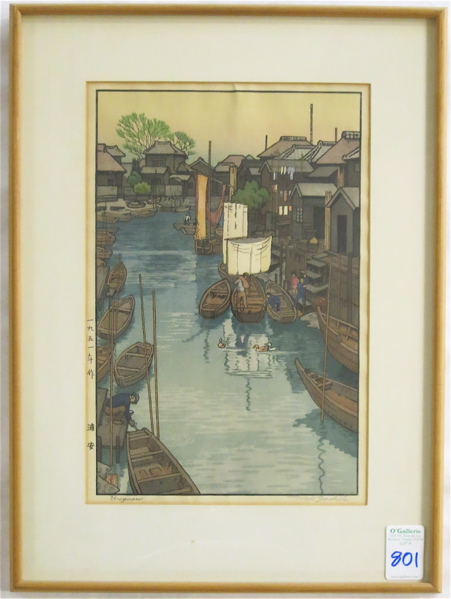 Appraisal: TOSHI YOSHIDA WOODCUT Japan - Waterway with boats and houses