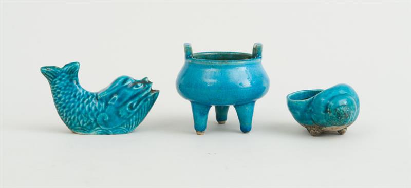 Appraisal: THREE CHINESE YUNG CHANG TYPE TURQUOISE-GLAZED ARTICLES Comprising a fish-form