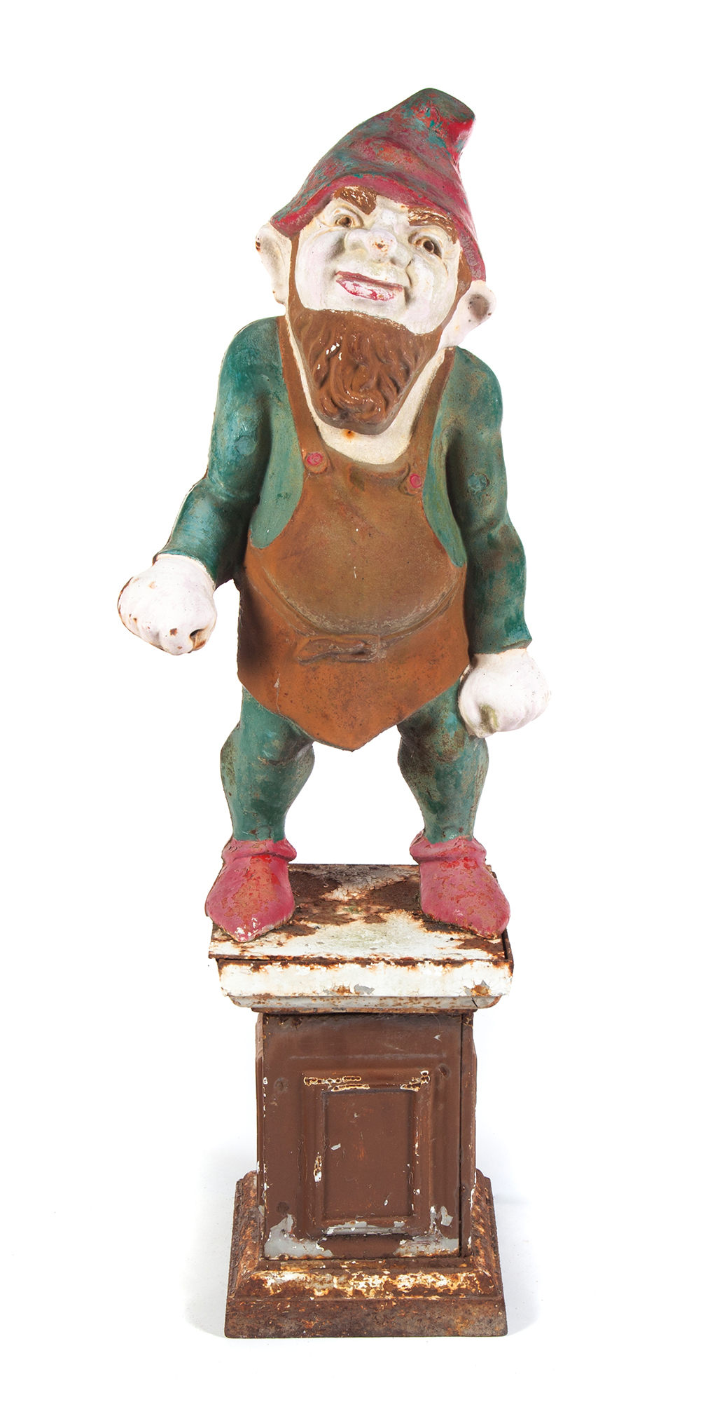 Appraisal: CAST IRON GARDEN GNOME ON BASE American th century Red