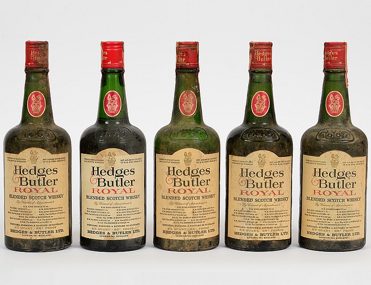 Appraisal: FIVE BOTTLES HEDGES BUTLER SCOTCH WHISKEYProvenance Estate of Jan West