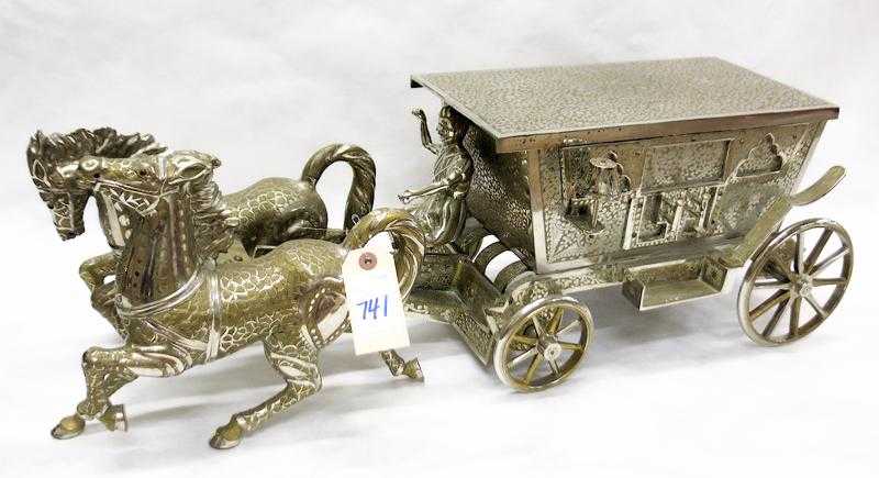 Appraisal: WHITE BRASS HORSE AND CARRIAGE MUSIC BOX Anglo-Indian th century