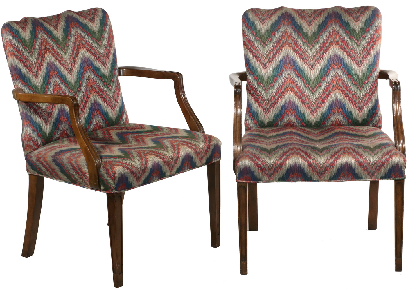 Appraisal: PR UPHOLSTERED MAHOGANY OPEN ARMCHAIRS Pair of Custom Mahogany Armchairs