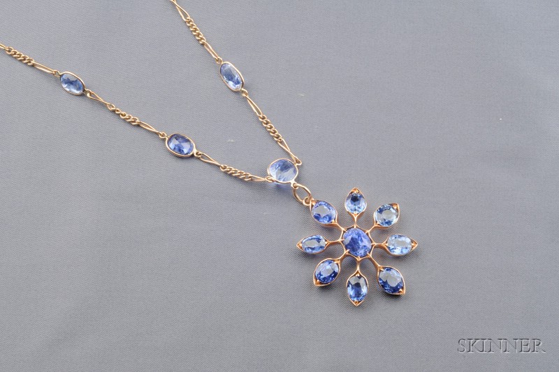 Appraisal: Antique kt Gold and Sapphire Pendant the floriform shape drop