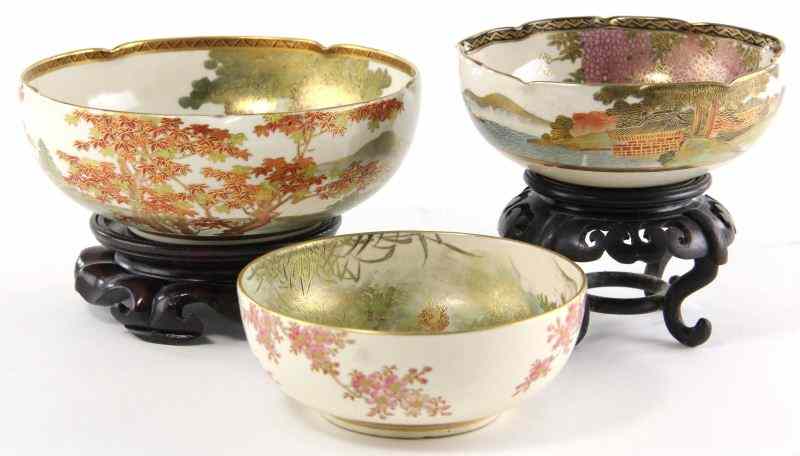 Appraisal: Three Japanese Satsuma Bowlseach artist signed the first featuring a