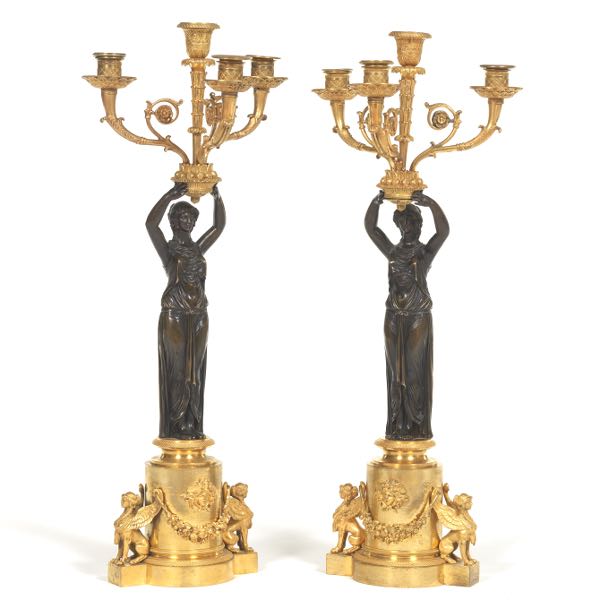 Appraisal: FRENCH EMPIRE PAIR OF GILT AND PATINATED BRONZE FIGURAL THREE-LIGHT