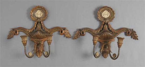 Appraisal: A Pair of Parcel Giltwood Two-Light Sconces Height x width