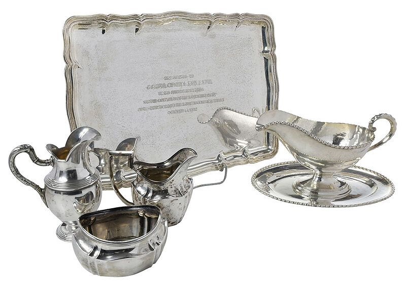 Appraisal: Five German Silver Table Items th century including sauce boat