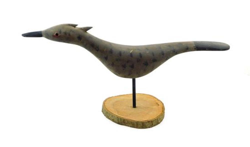 Appraisal: th C bird decoy brown with black spots orange glass