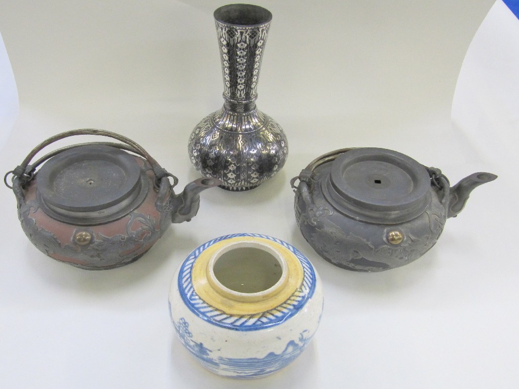 Appraisal: Indian Bidri Ware vase two Chinese terracotta teapots with pewter