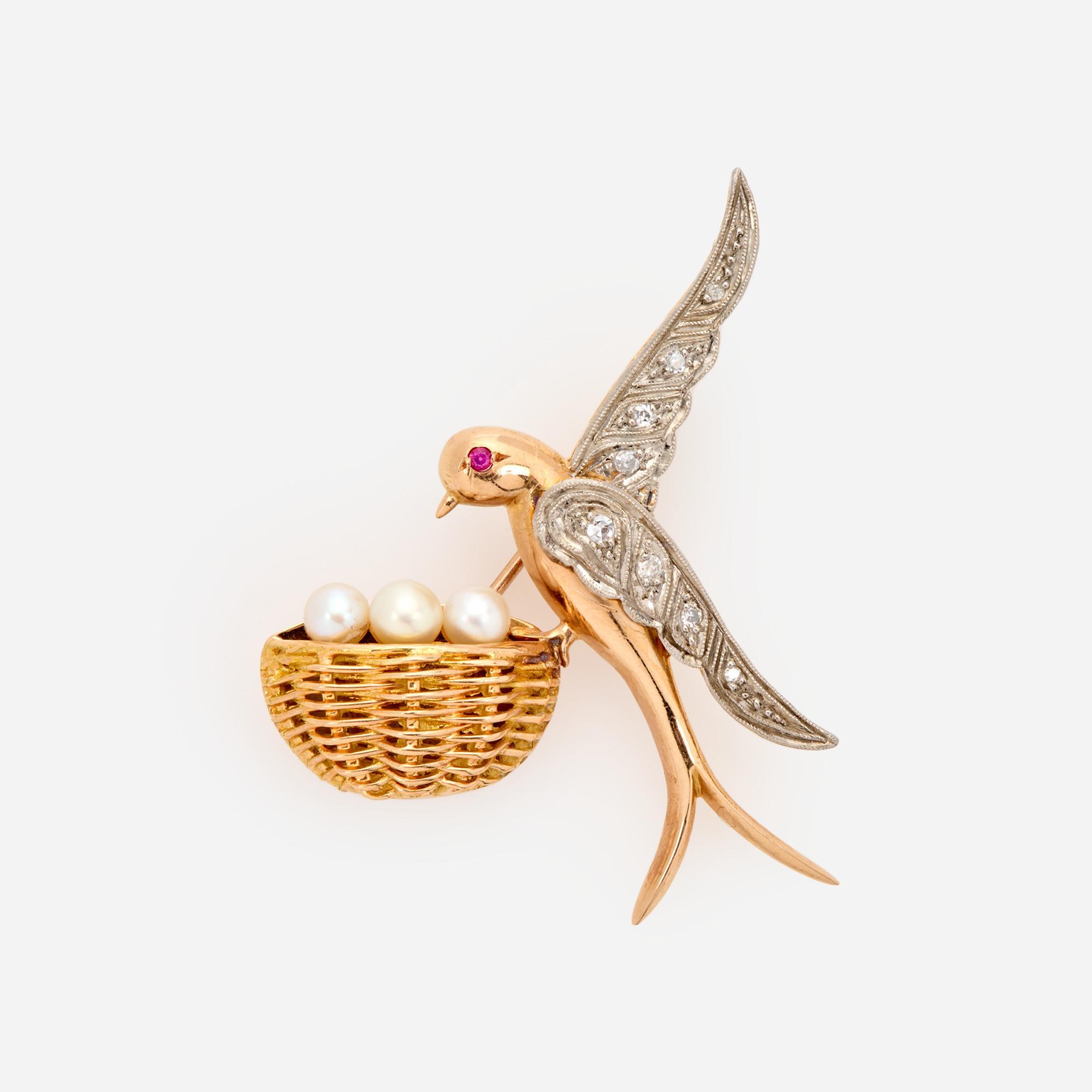 Appraisal: BIRD AND BASKET BROOCH DIAMOND PEARL K An k yellow