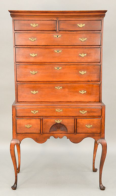 Appraisal: Queen Anne cherry flat top highboy in two parts upper