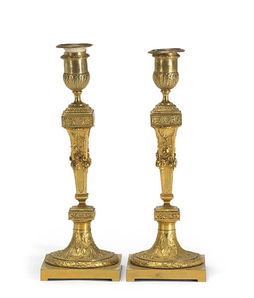 Appraisal: A pair of Continental Neoclassical gilt bronze candlesticks late th