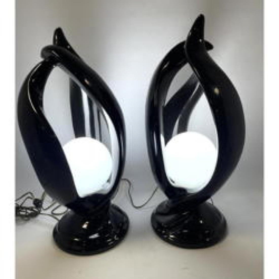 Appraisal: Pr Black Glazed Mid Century Modern Table Lamps Glass Ball