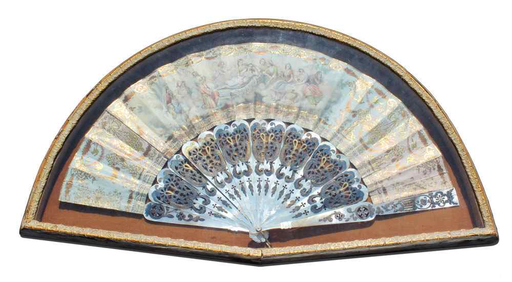 Appraisal: TH C HANDPAINTED ORIENTALIST FAN IN FRAME Mother of pearl